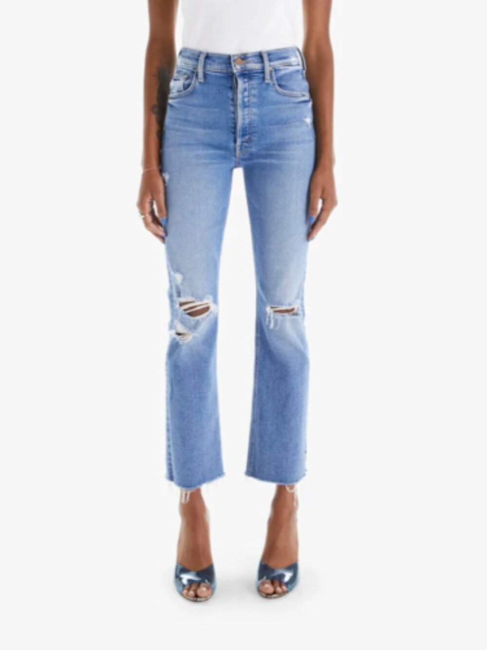 MOTHER Light Blue Straight Leg Distressed Jeans